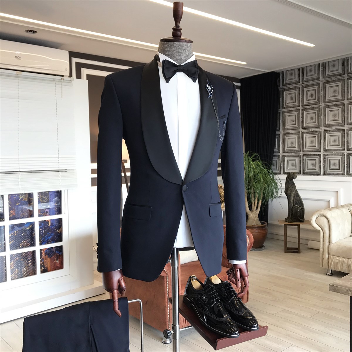 Fashion One-Button Dark Navy Shawl Lapel Wedding Men's Suits