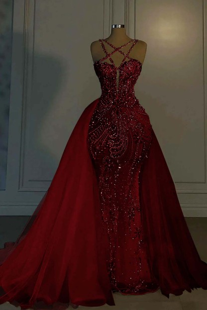 Halter Sleeveless Mermaid Long Formal Dress With Beading Tulle
