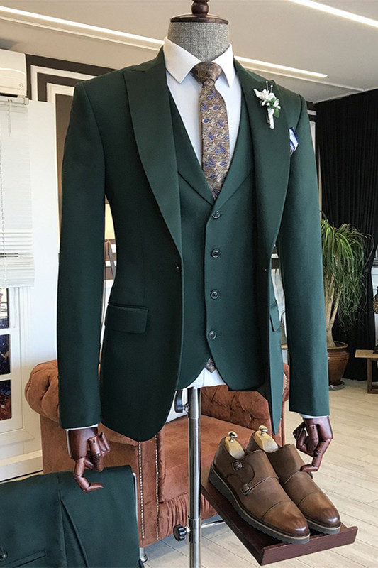 Modern Dark Green Peaked Lapel Three-Piece Dinner Suit for Man