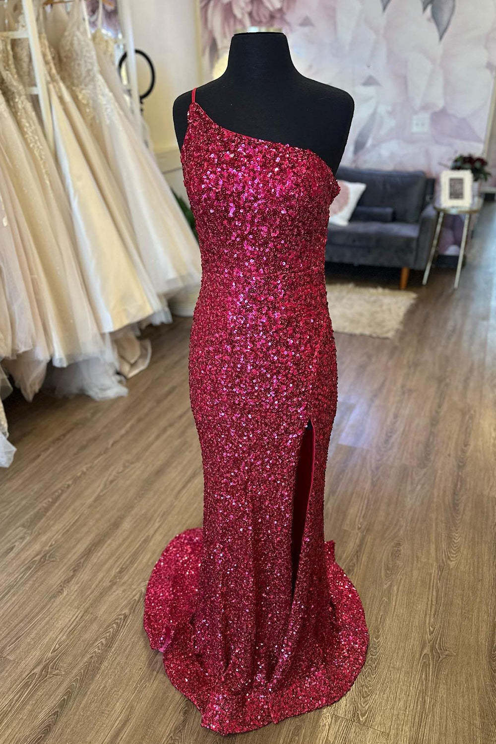 Burgundy Sequins Long Prom Dress with Mermaid Cut and One-Shoulder Split Front