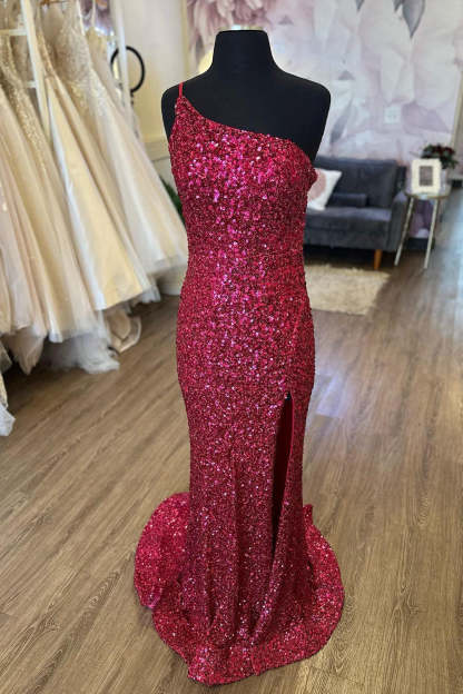 Burgundy Sequins Long Prom Dress with Mermaid Cut and One-Shoulder Split Front