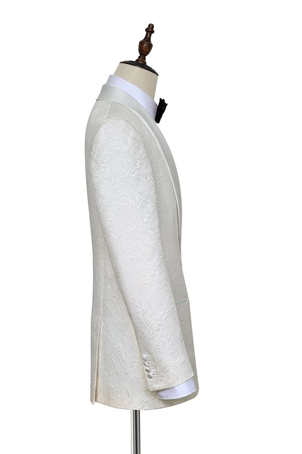 Popular Jacquard White Tuxedos for Wedding Silk Shawl Lapel One-Button Wedding Suit for Men