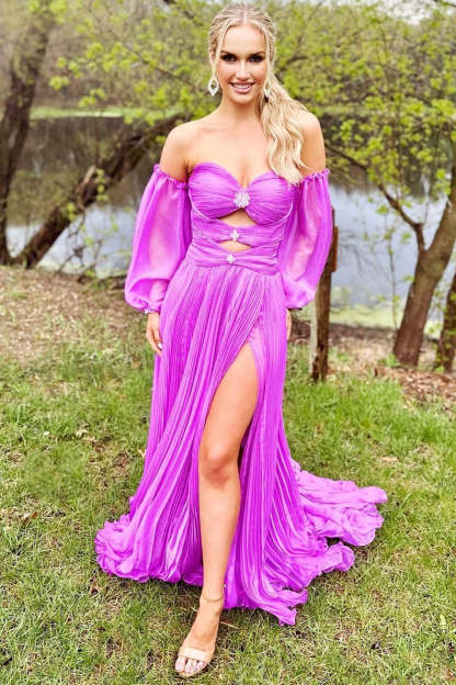 Fuchsia Long Prom Dress with Off-the-Shoulder Neckline and Front Split