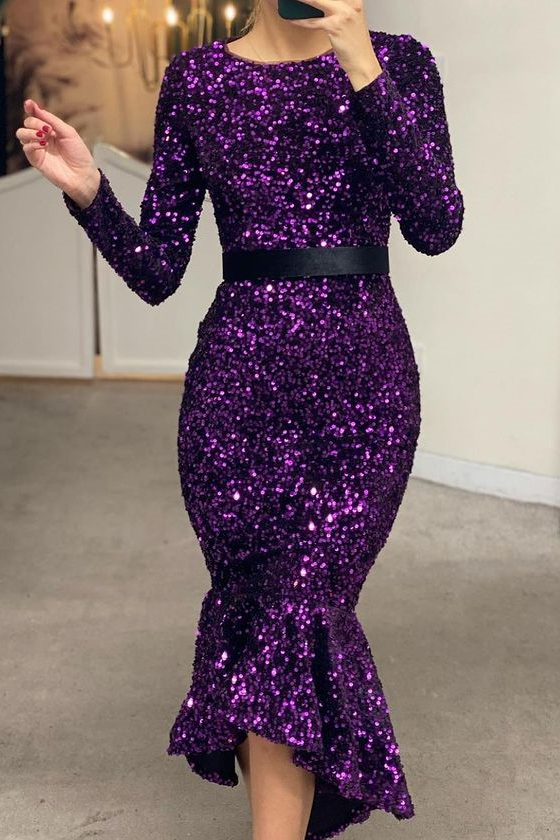 Stunning Black Mermaid Sequins Long Sleeves Formal Dress Online With Belt
