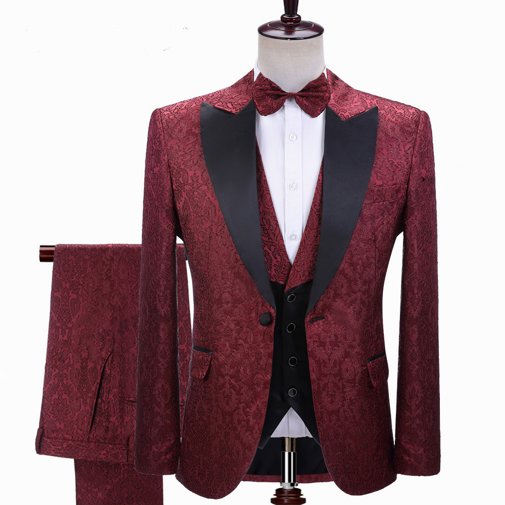 Classic Three-Piece Burgundy Jacquard Peaked-Lapel Wedding Tuxedo