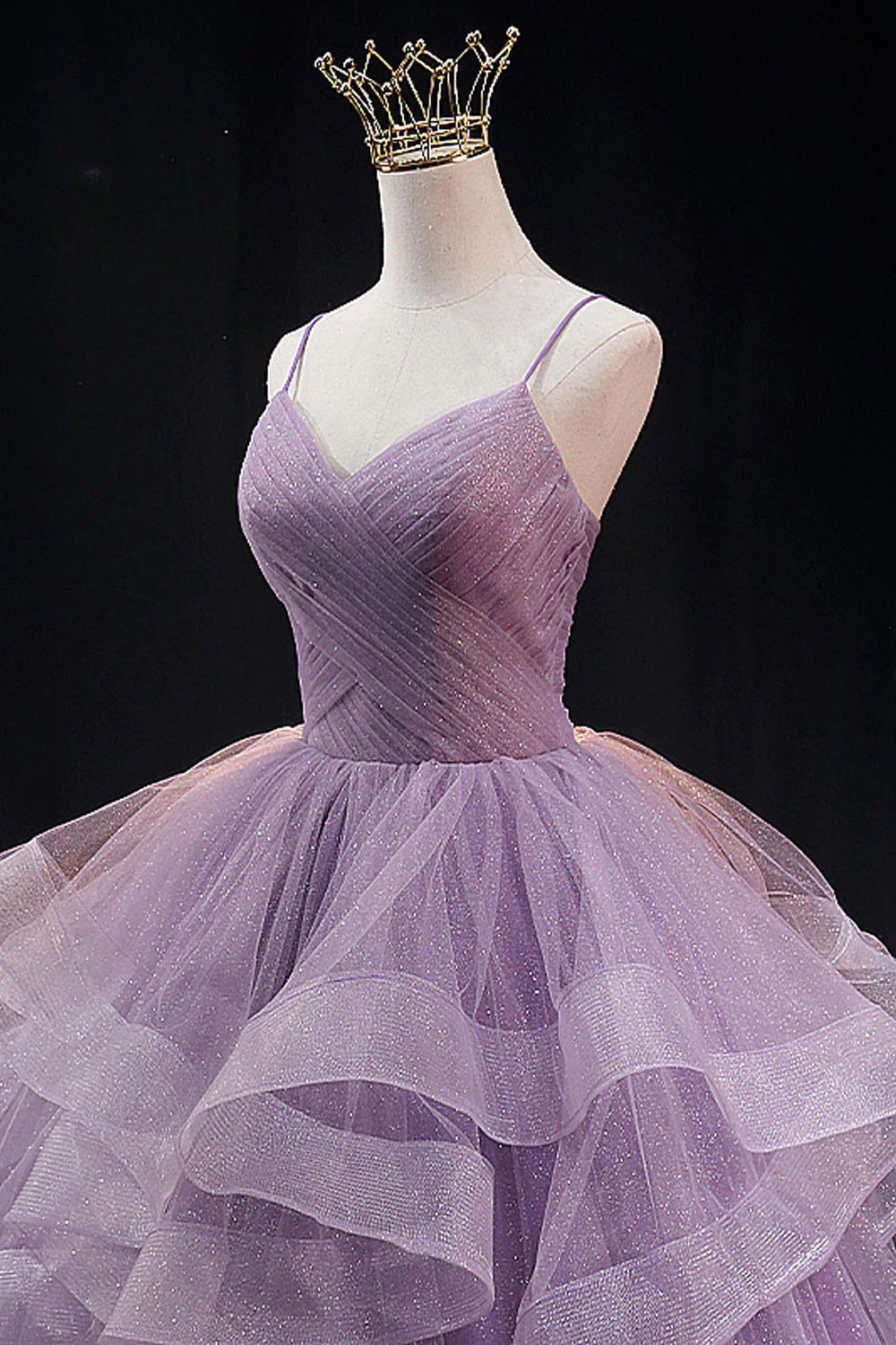 Long Light Purple Prom Dress with Spaghetti Straps and Ruffles in an A-Line Cut