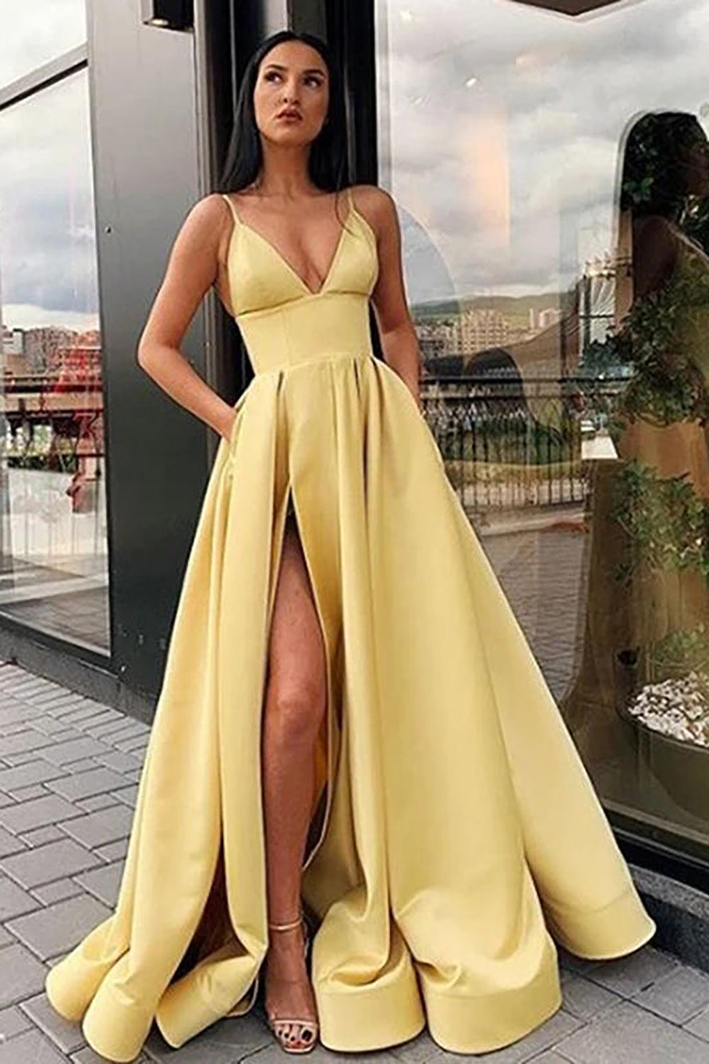 Black Long Prom Dress with Spaghetti Straps and a Slit in A-Line Style