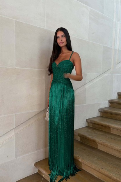 Spaghetti straps Sleeveless Long Formal Dress With Beading Tassel