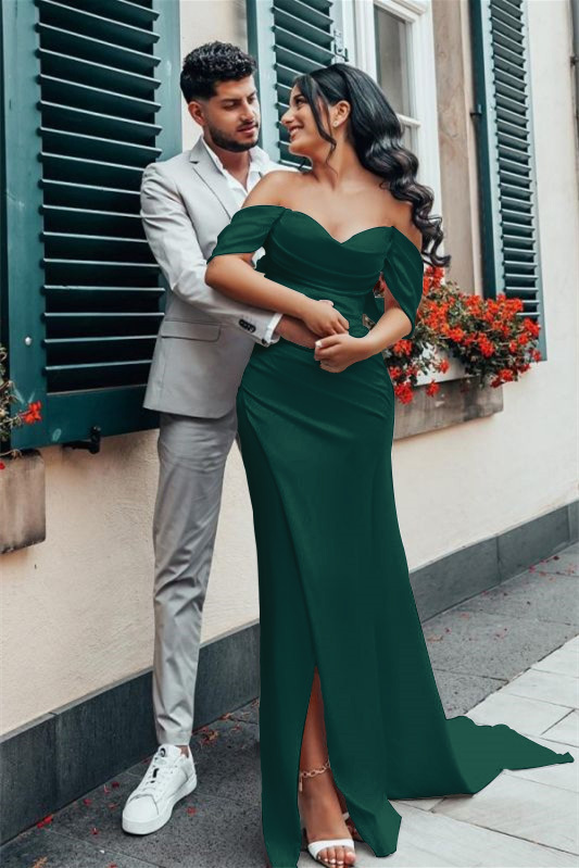 Charmeuse Off-the-Shoulder Wedding Dress with Split