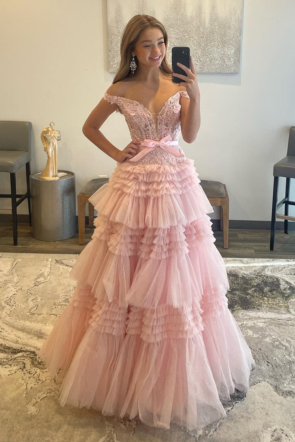 Ivory Off-the-Shoulder Princess A-Line Prom Dress with Ruffles