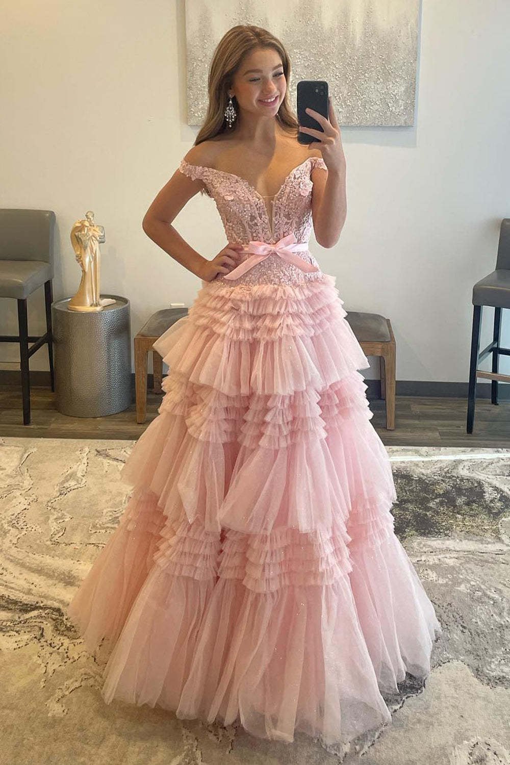 Ivory Off-the-Shoulder Princess A-Line Prom Dress with Ruffles