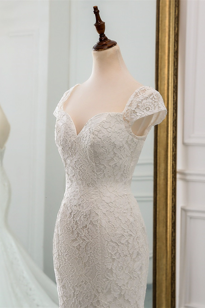 Elegant Mermaid Sweetheart Lace Long Wedding Dress with Cap-Sleeves