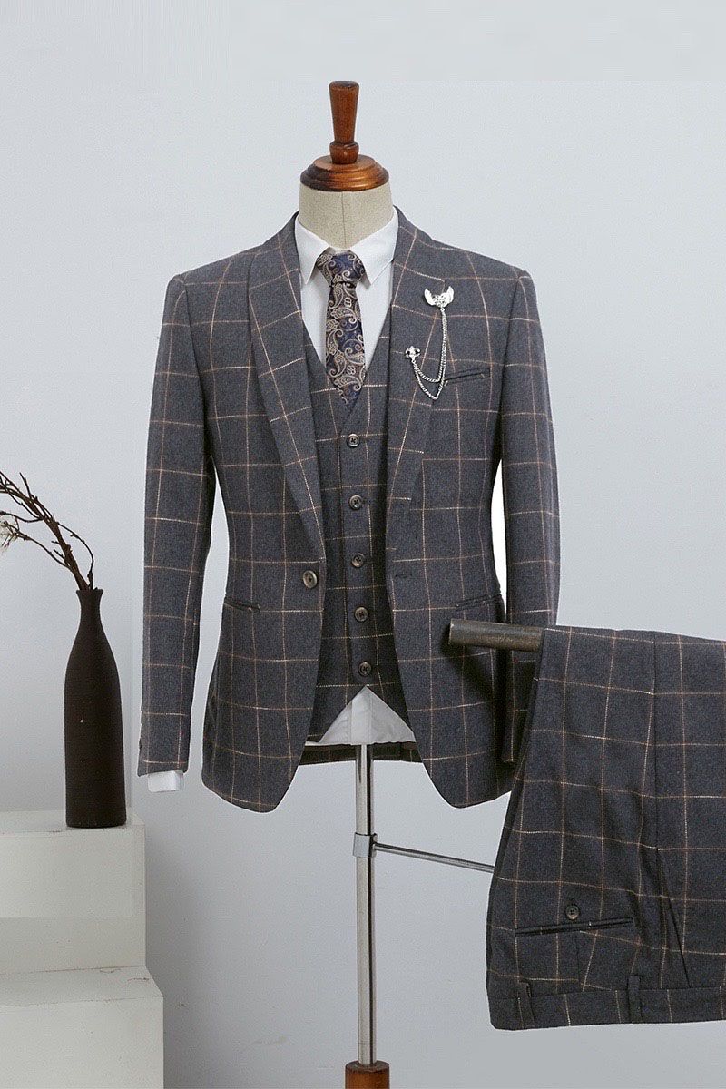 Fashion Slim Fit Dark Gray Plaid Three-Piece Custom Business Suit