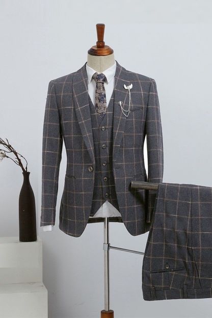 Fashion Slim Fit Dark Gray Plaid Three-Piece Custom Business Suit