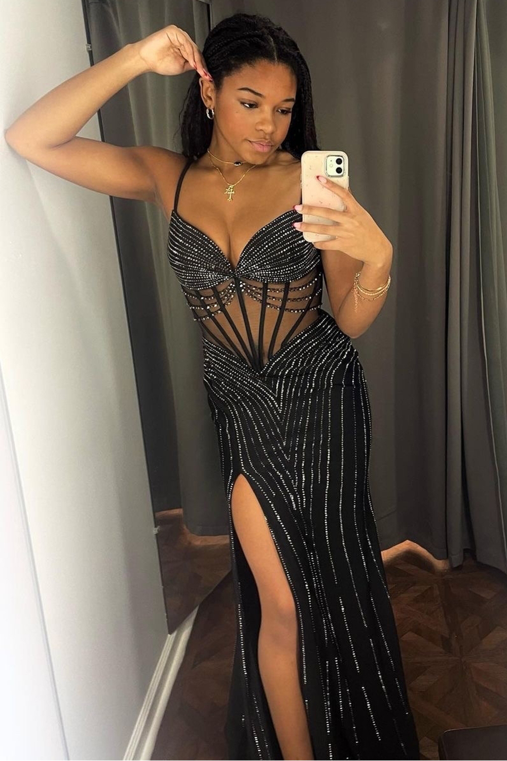 Long Black Corset Prom Dress with Mermaid Silhouette and Spaghetti Straps Featuring a Slit