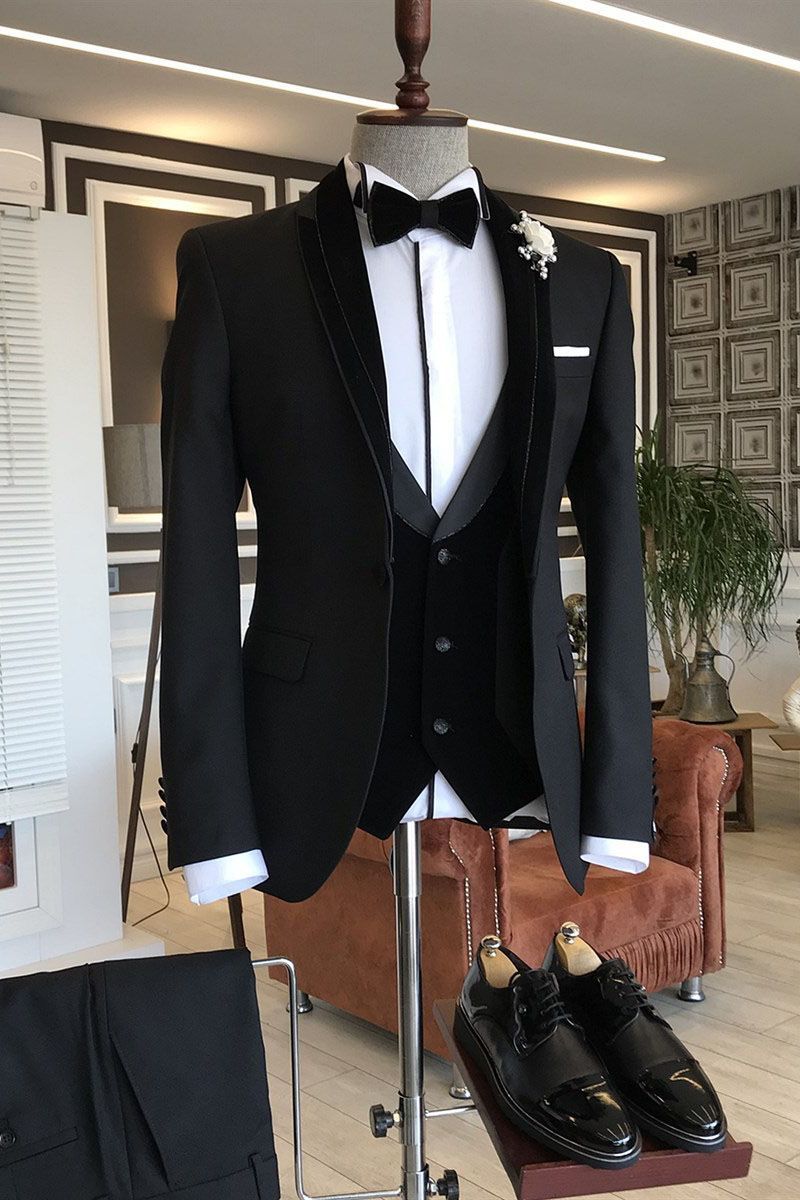 Derrick Classic Slim Fit Three-Piece Black Shawl Lapel Wedding Tuxedos for Grooms