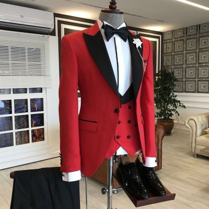 Stylish Red Men's Wedding Suits Three Pieces with Black Peaked Lapel
