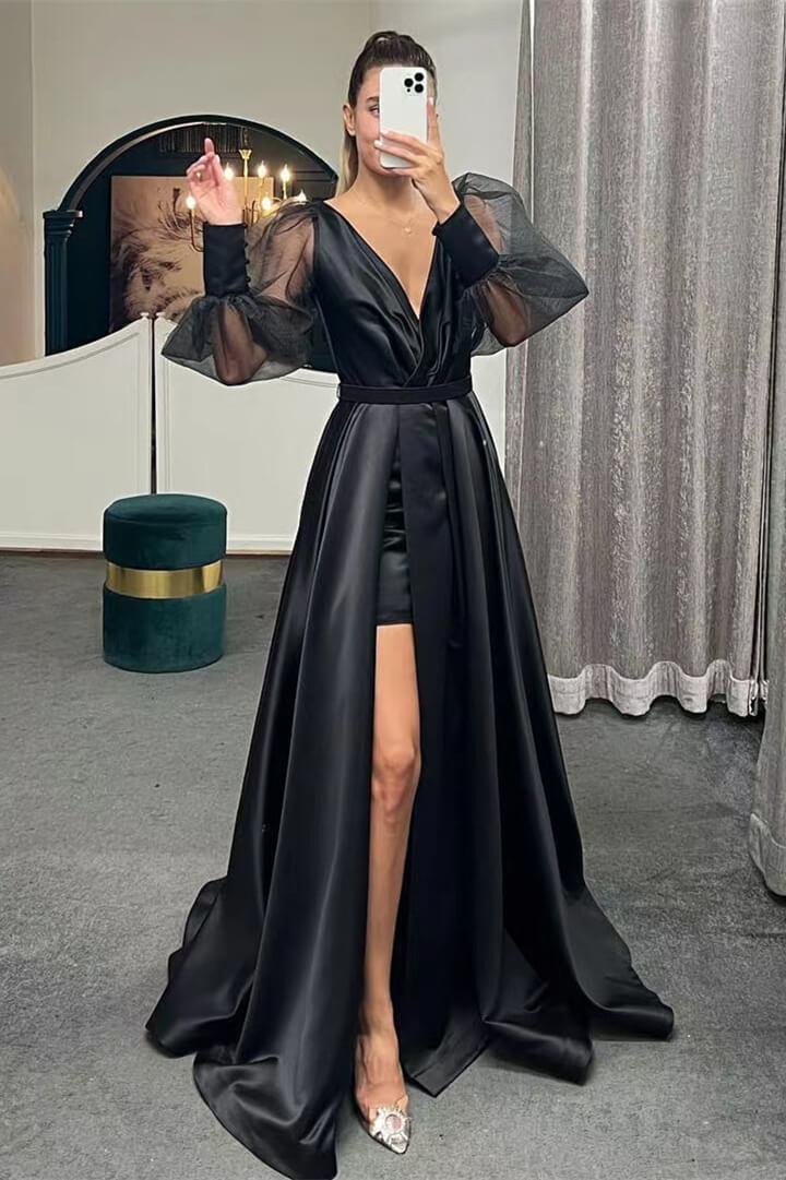 A-Line Long Slit Puff Sleeves Evening Dress