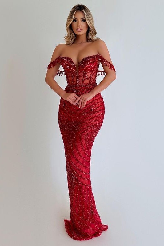Sequins Red Off the Shoulder Formal Dress Sleeveless Strapless Long Tassel
