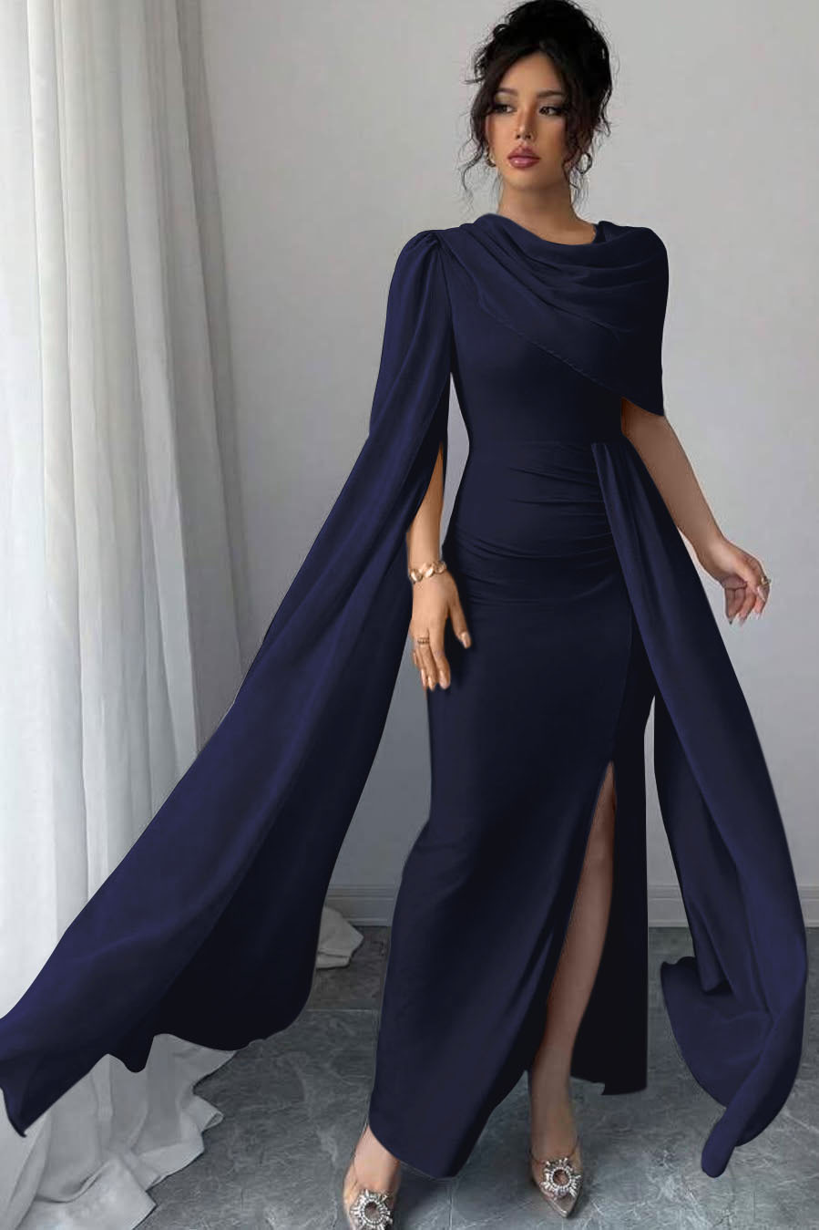 Sleeveless Jewel Neck Long Mermaid Formal Dress With Split Pleated