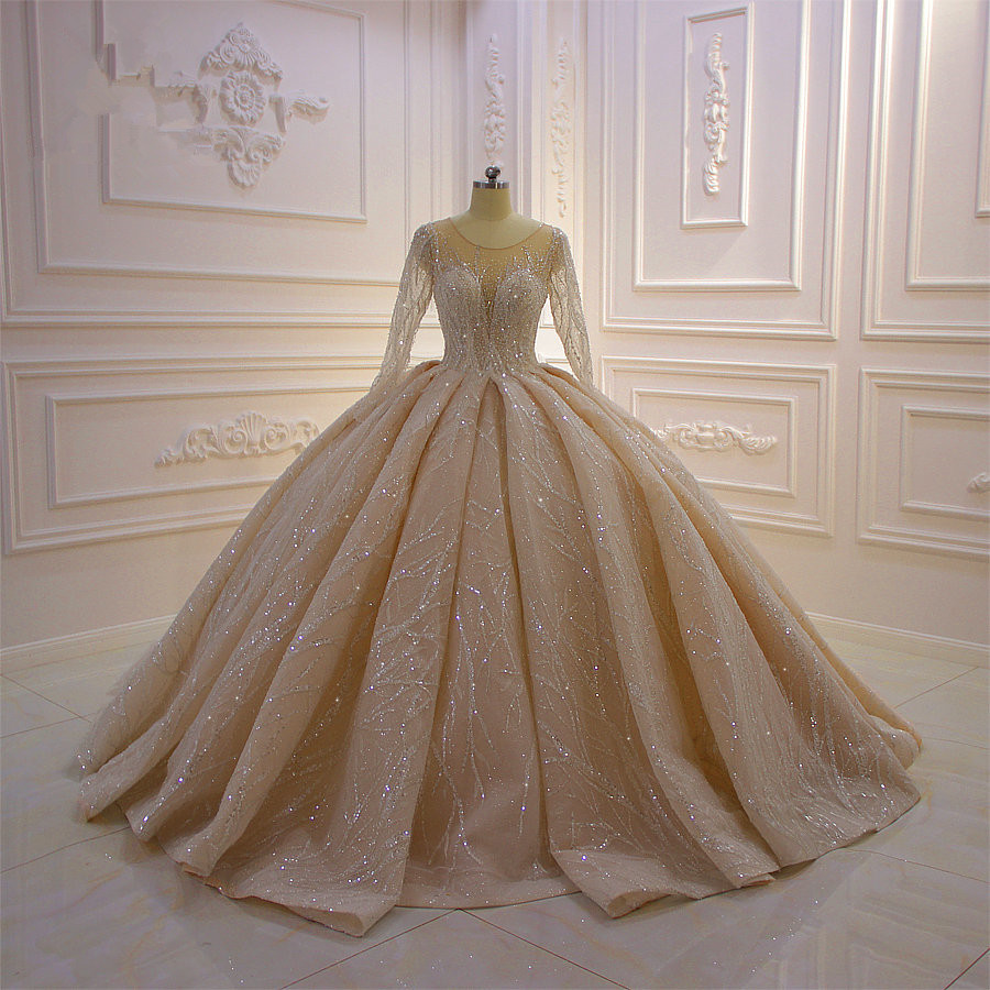 Glamorous Bateau Long Sleeves Floor-Length Ball Gown Wedding Dress with Ruffles