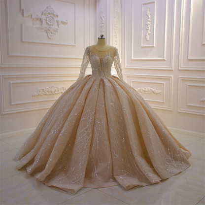 Glamorous Bateau Long Sleeves Floor-Length Ball Gown Wedding Dress with Ruffles