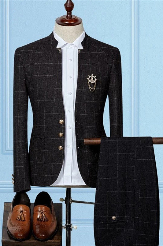 Classic Black with Plaid Two-Piece Wedding Suits for Groom and Groomsmen