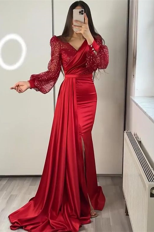 V Neck Long Sleeves Sequins Mermaid Split Formal Dress With Ruffles