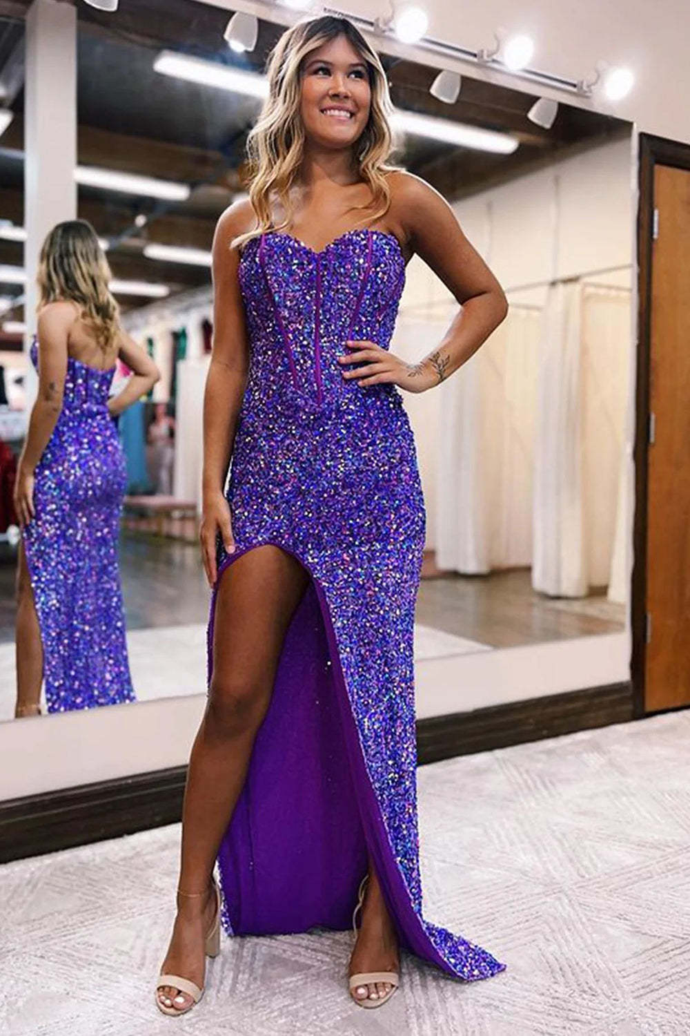 Blue Sequins Sweetheart Sheath Prom Dress with Front Split and Floor-Length