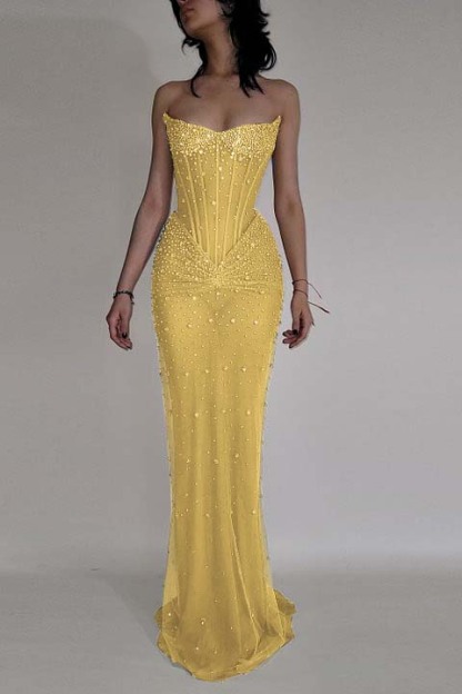 Strapless Sleeveless Mermaid Long Formal Dress With Beading Tulle