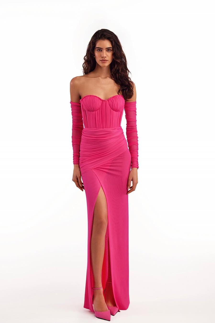 Strapless Sweetheart High Split Long Formal Dress With Long Sleeves