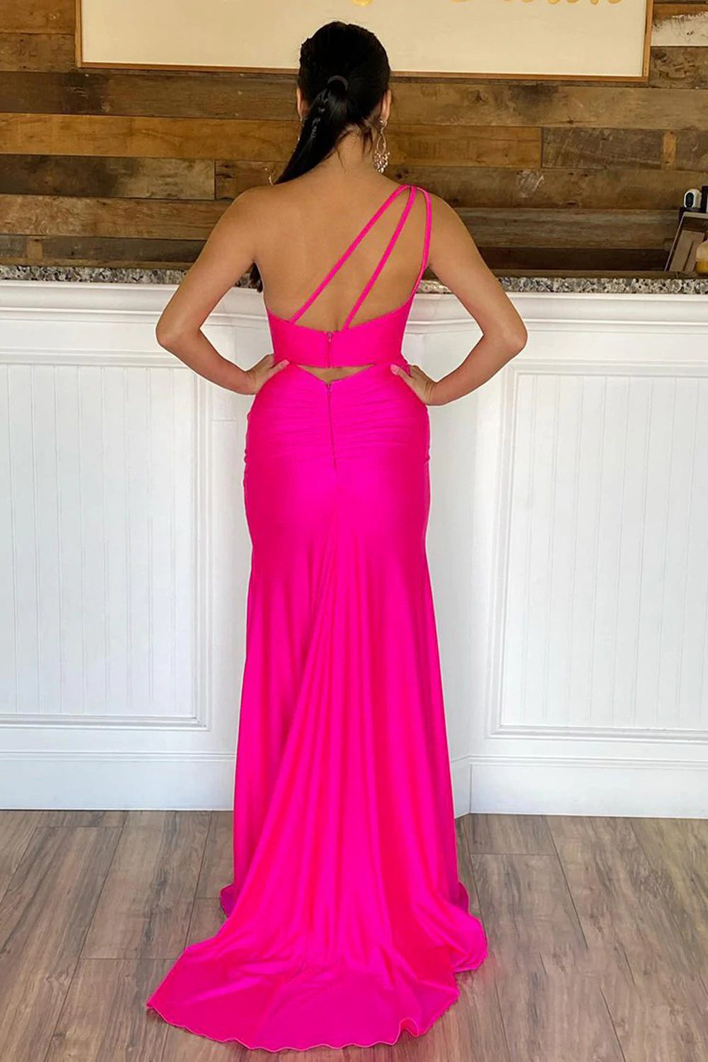 Hot Pink Prom Dress Featuring a One Shoulder Design and Slit