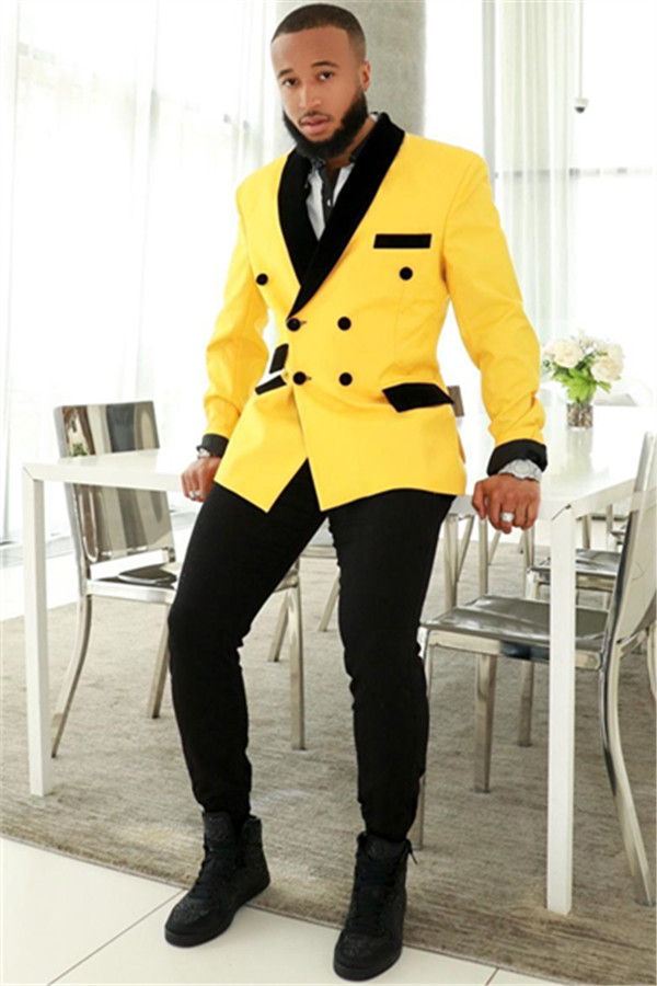Stylish Slim Fit Yellow Black Shawl Men's Suits with Double-Breasted