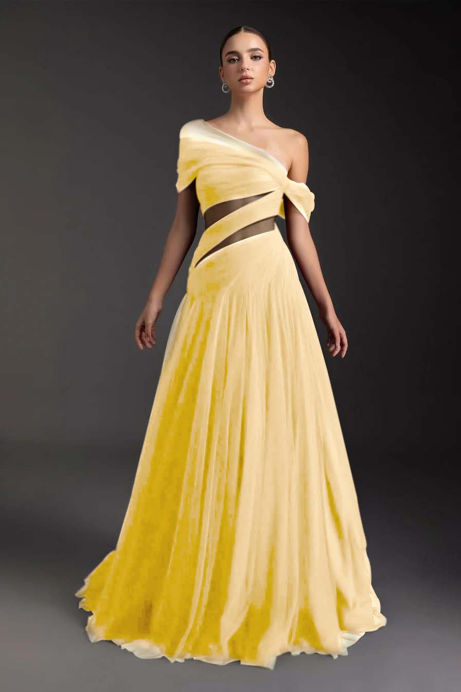 Glamorous Tulle One Shoulder Sleeveless Long Formal Dress With Pleated