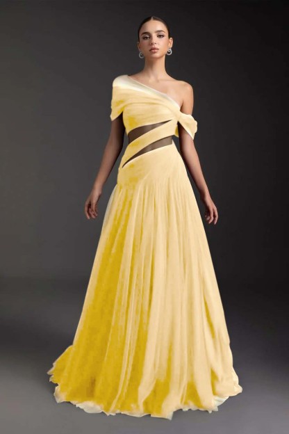 Glamorous Tulle One Shoulder Sleeveless Long Formal Dress With Pleated