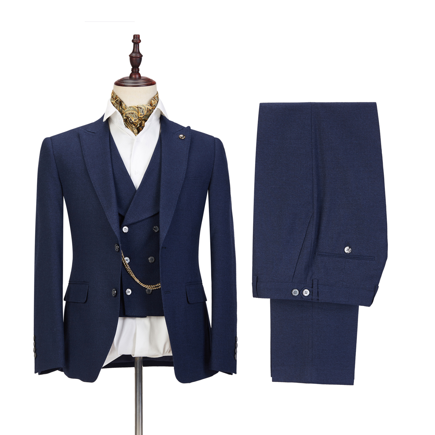 Dark Blue Three-Piece Peaked Lapel Wedding Suit for Men
