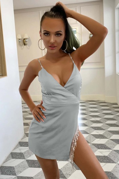 Dark Orange V-Neck Sparkle Spaghetti-Straps Split Short Mini cocktail Dress