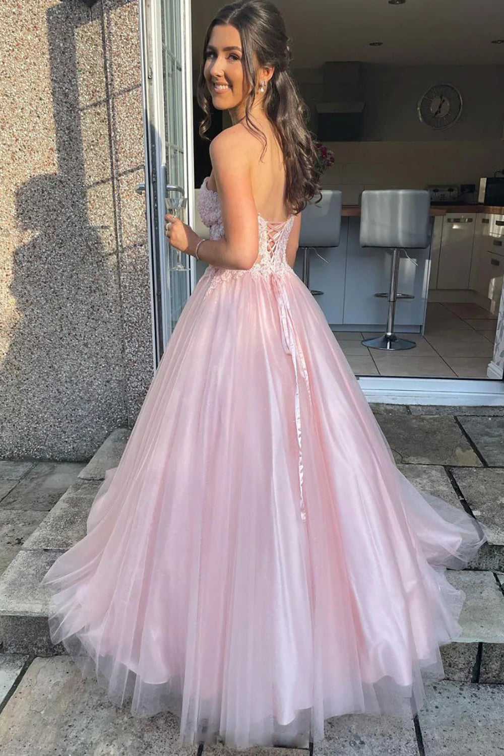 Sweetheart Pink Corset Prom Dress with Appliques in A-Line Style