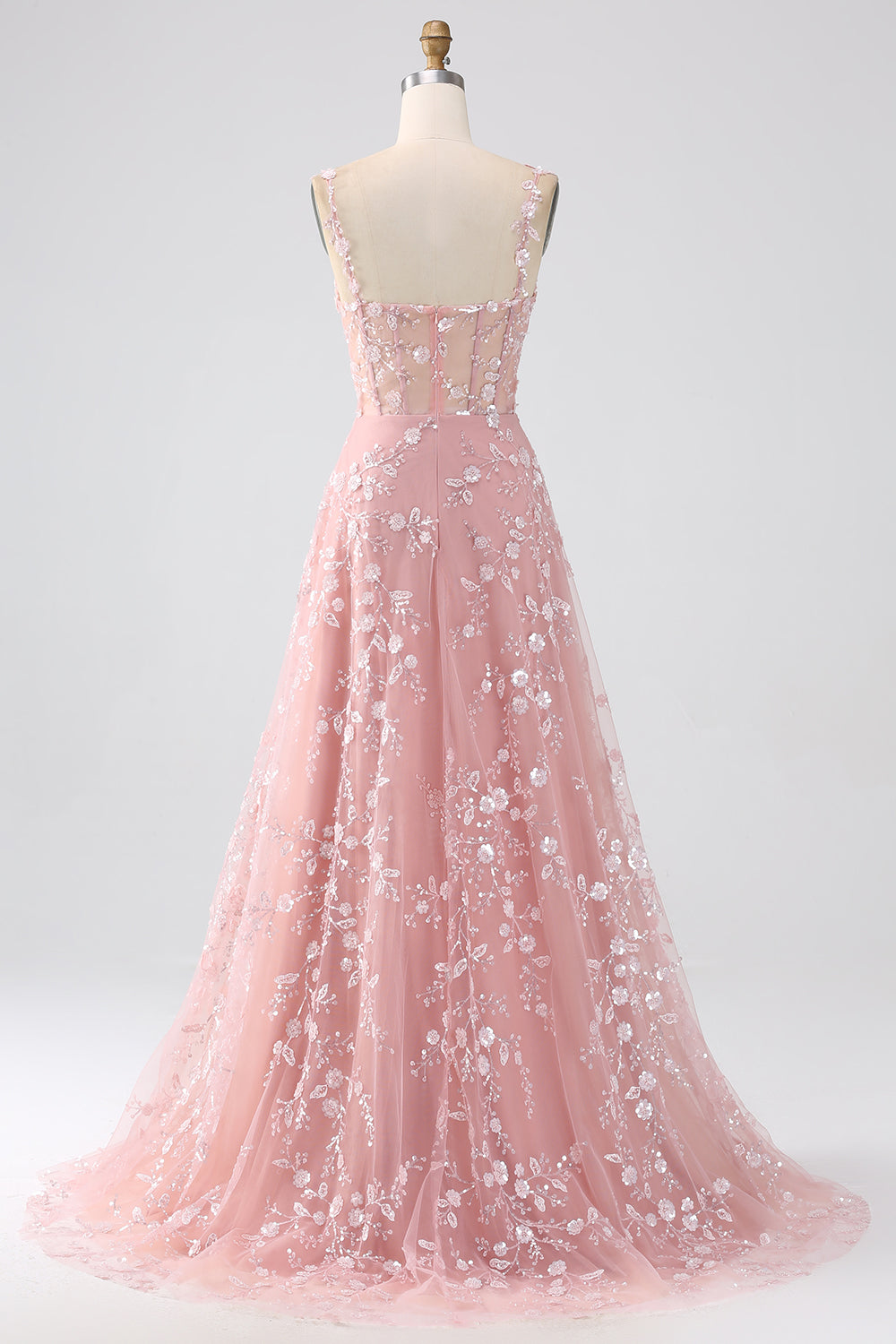 Long Corset Prom Dress in Blush with A-Line Silhouette and Spaghetti Straps Adorned with Appliques