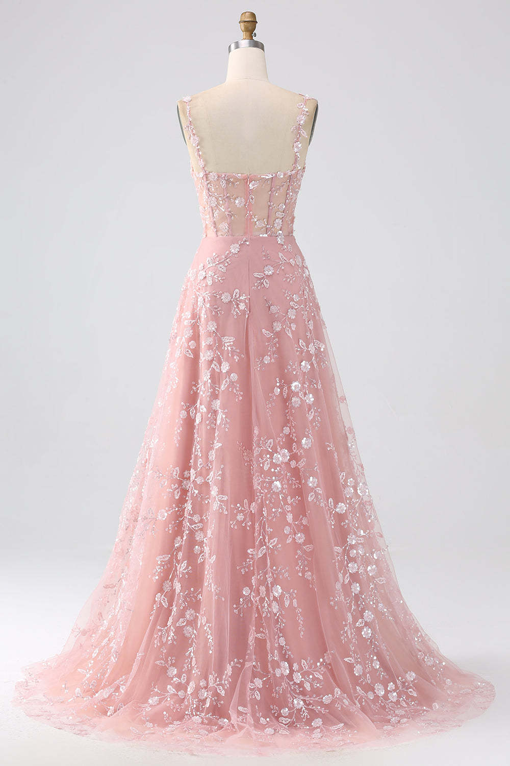 Long Corset Prom Dress in Blush with A-Line Silhouette and Spaghetti Straps Adorned with Appliques