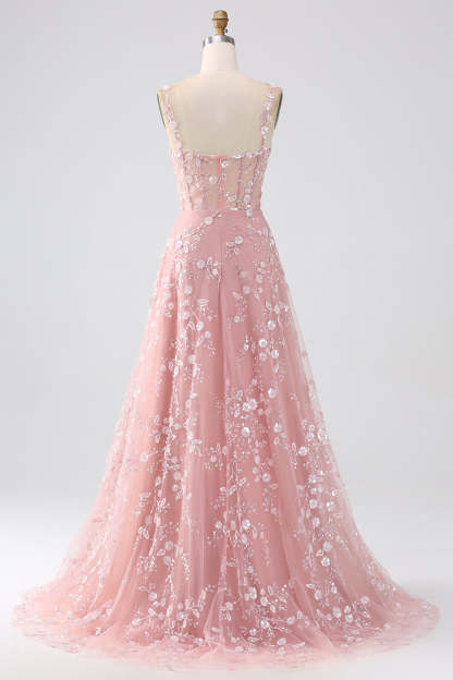 Long Corset Prom Dress in Blush with A-Line Silhouette and Spaghetti Straps Adorned with Appliques