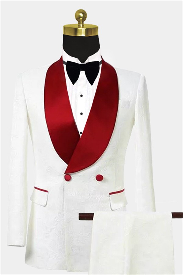 Unique Two-Piece Slim Fit Double-Breasted Floral White Men's Suits Tuxedo