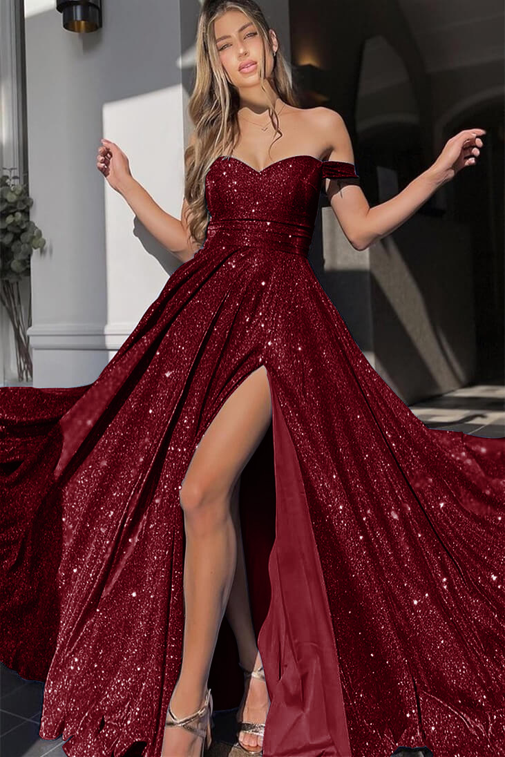 V-Neck Mermaid Front Split Evening Dress With Sequins Off-The-Shoulder