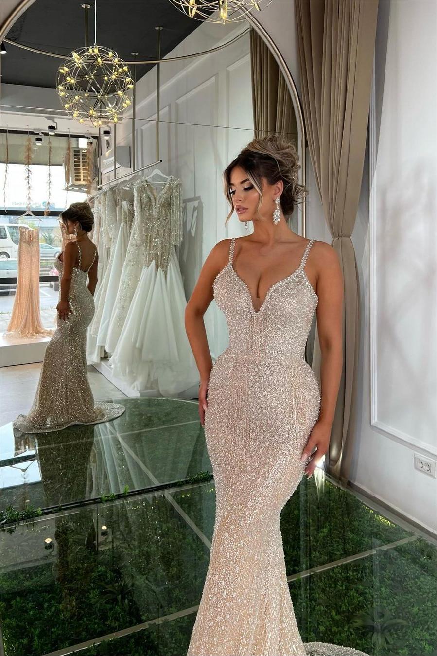 Gorgeous Champaign Gold Straps Sleeveless Mermaid Long Formal Dress With Beading