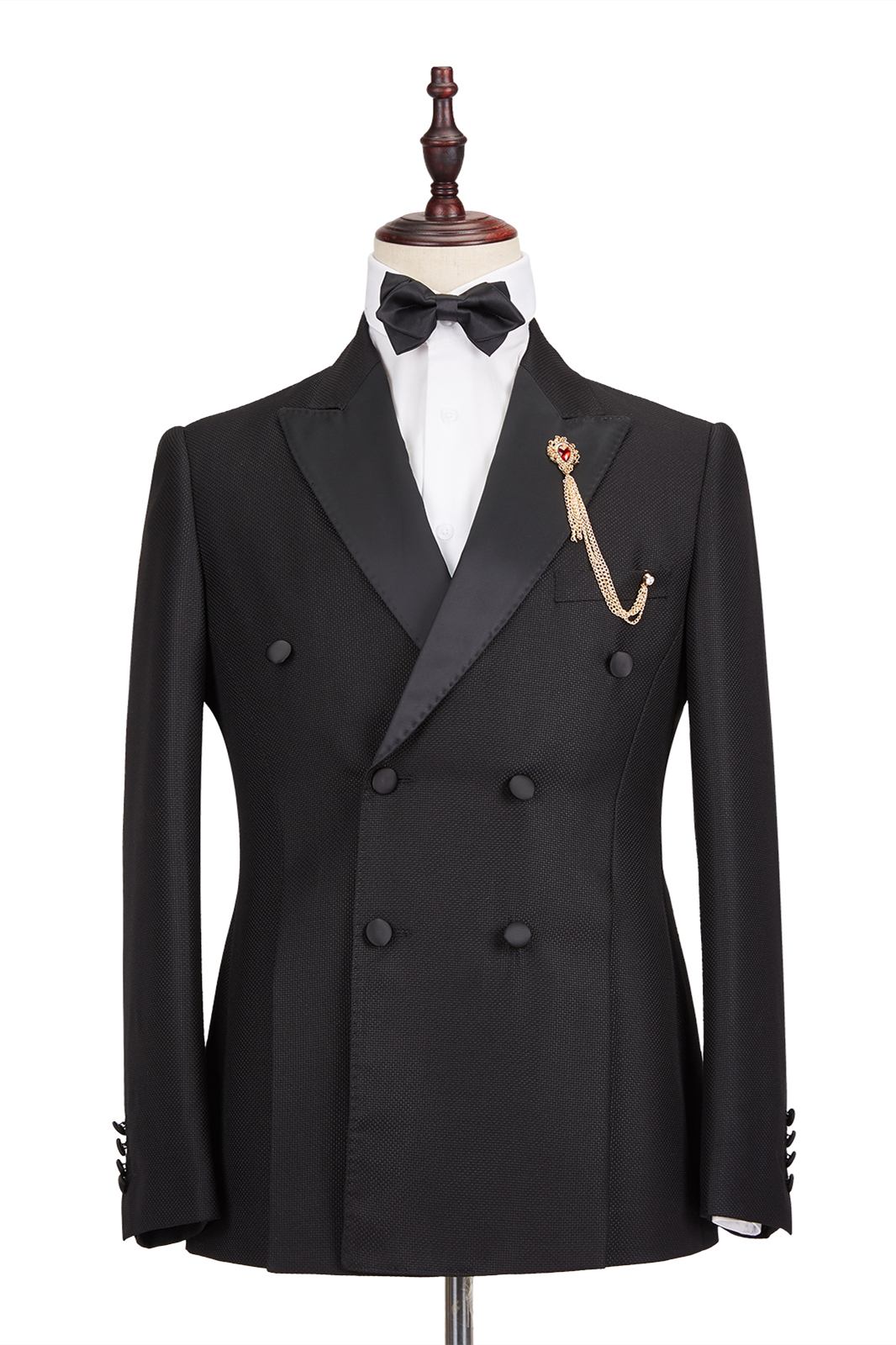 Classic Satin Double-Breasted Peak Lapel Black Men's Wedding Suit Groom Tuxedos