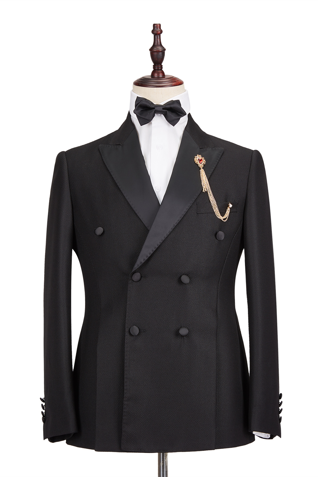 Classic Satin Double-Breasted Peak Lapel Black Men's Wedding Suit Groom Tuxedos
