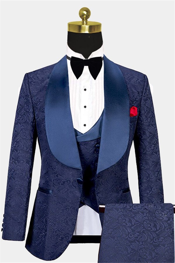 Navy Blue Jacquard Bespoke Three-Piece Tuxedo