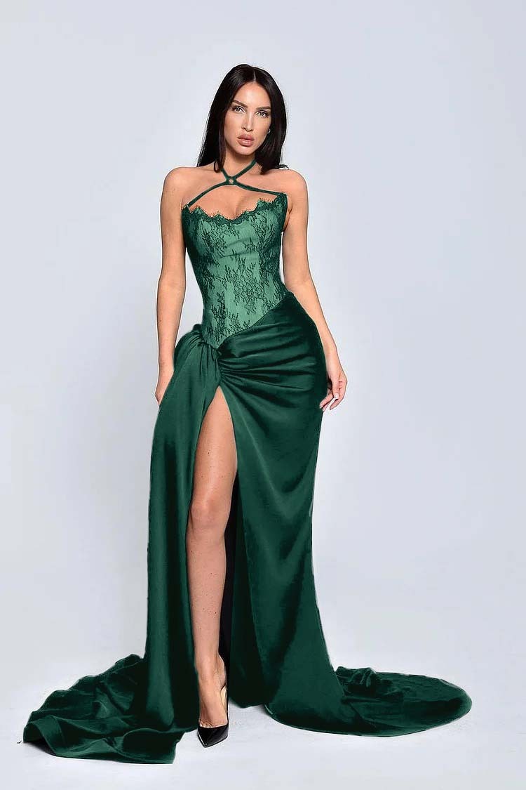 Black Halter Sleeveless Appliques Long Formal Dress With High Split