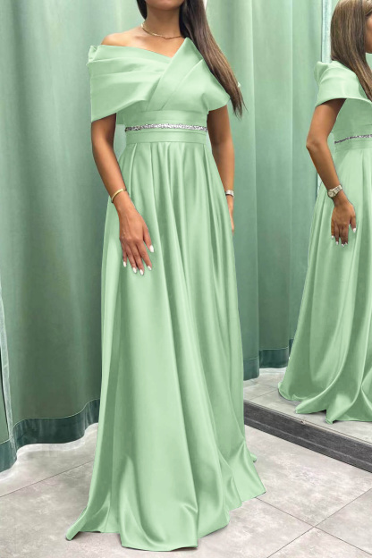 Long Elegant Evening Dress Pleat Off-The-Shoulder