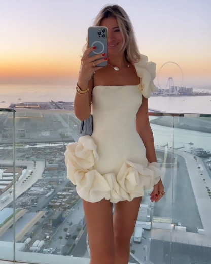 Ivory One-Shoulder Bloom Short Mini cocktail Dress